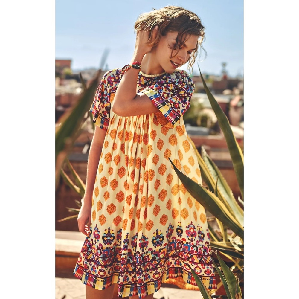 Anthropologie‎ Tanvi Kedia Mini Dress Medium Yellow Bohemian beaded